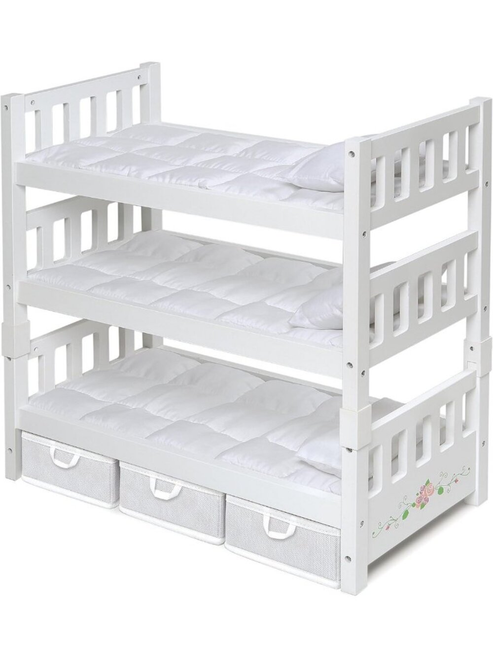 Convertible Doll Bunk Bed with Bedding & Storage Baskets - Elegant White & Rose